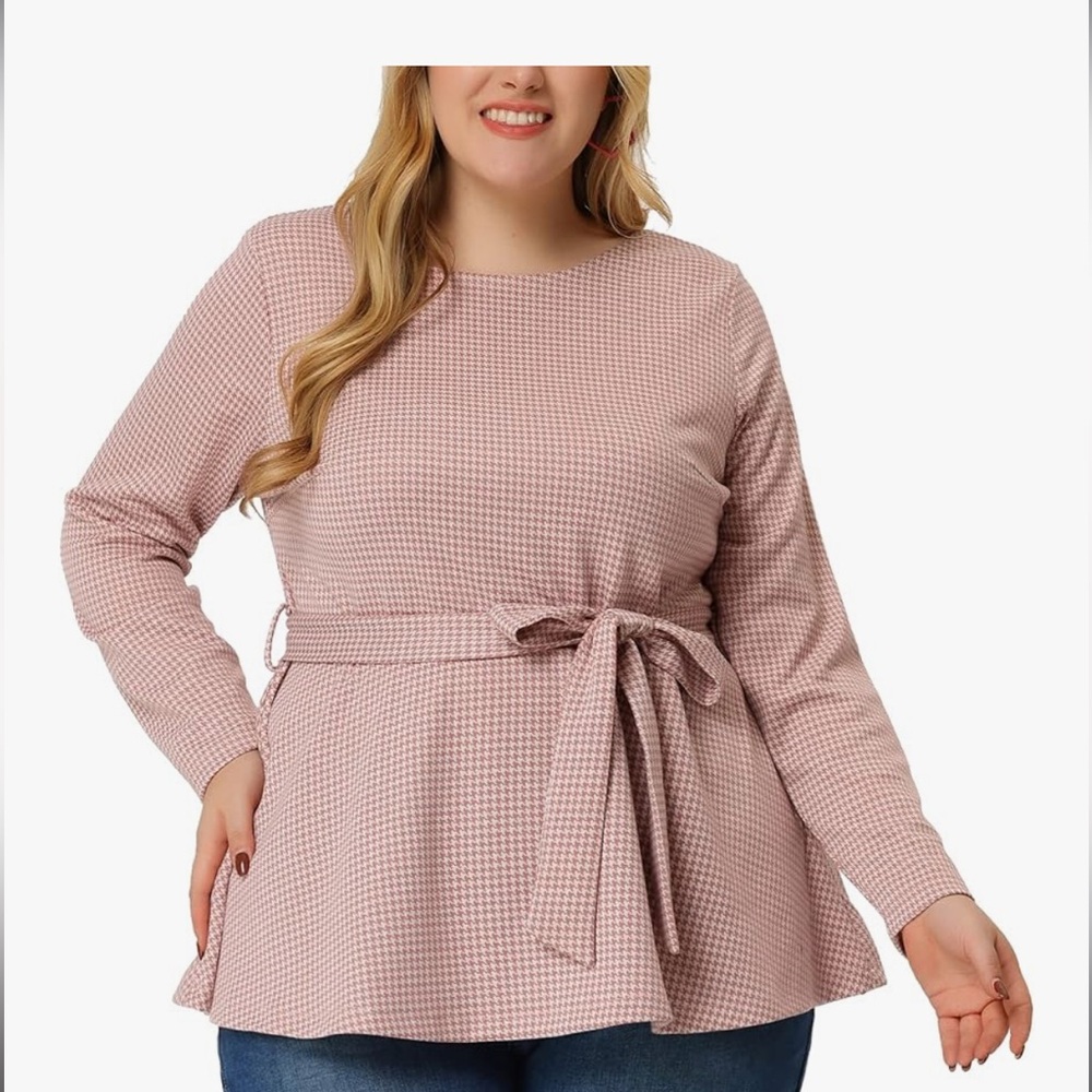 Elegant Pink Checkered Blouse with Tie Waist